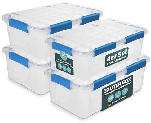 Kreher® Aufbewahrungsbox 32 Liter mit Deckel – wasserdicht & staubdicht, transparent & stapelbar, BPA- & schadstofffrei, robuste Kunststoffbox mit Silikondichtung & 6 Clips (4, 32 Liter)