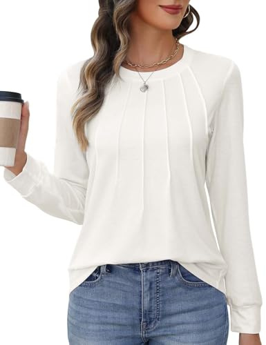 heekpek Womens Long Sleeve T Shirts Crew Neck Pleated Tops Casual Basic T-Shirt Floral Printed Tunic Tops for Spring Autumn Summer, Pure White, L