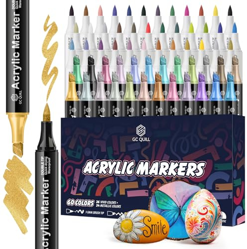 GC QUILL Feutres Acrylique- 60 couleurs marqueurs acryliques double pointe – embouts pinceau et biseau (1–5 mm) – acrylic marker pour pierre, bois, verre, tissu GC-AM60