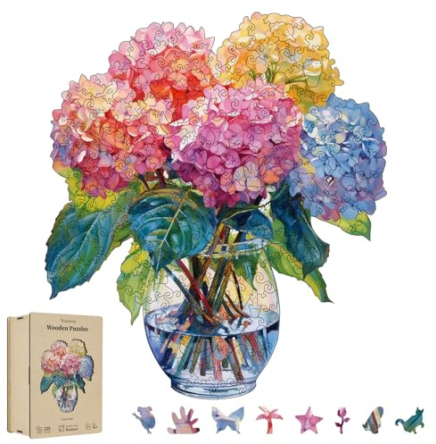 200 Pieces Flowers Wooden Puzzles for Adults, Hydrangea Unique Shaped Wooden Jigsaw Puzzles for Adults, Irregular Adult Wood Puzzle Creative Gift for Family Game 10.23x11.6 in