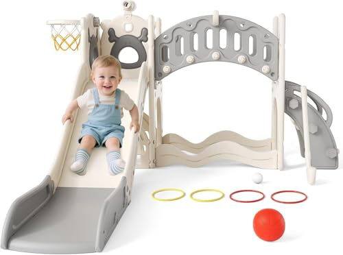 Kinderrutsche, große Kleinkind Rutsche mit Basketballkorb,Klettergerüst für den Garten, Teleskop, Stauraum, für 1-3 Jahre,extra Lange 1700 mm (((Sechs-in-eins-Elchrutsche-Aktivmodell (Beigegrau))))