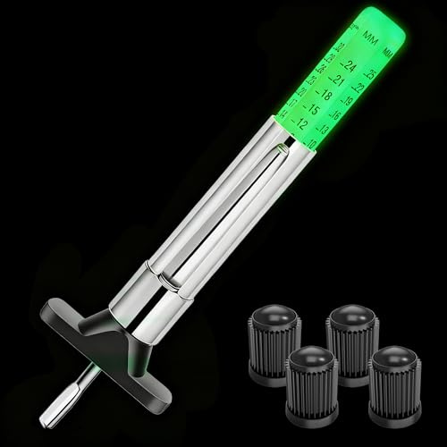 GODESON Glow in The Dark Tyre Tread Depth Gauge UK, 6-Sided Color-Coded Dual Scale Tyre Depth Gauge UK (25MM/32nds), with 4 Caps, for Car, Truck, Motorcycle