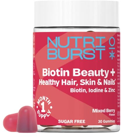 Nutriburst Biotin Beauty+ with 2500mcg Biotin, Iodine, Folic Acid, & Vitamins B6, B12, D3 • Support Healthy Hair, Skin & Nails • Sugar Free • Vegan • Halal • Mixed Berry Flavour • 30 Gummies