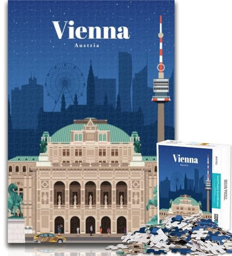 1000-teiliges Puzzle Visit Vienna, Puzzle für Erwachsene, 1000 Teile, anspruchsvoll und schwierig, mit vollständig ineinandergreifenden, zufällig geformten Teilen, 26x38cm