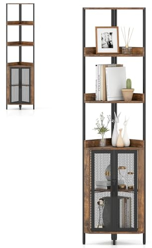 HOMASIS 170 cm Eckregal mit 4 Ebenen & Schrank, Holzregal im Industriestil, Standregal Aufbewahrungsregal Bücherregal für Wohnzimmer, Arbeitszimmer, Schlafzimmer (Braun+Schwarz, 32x32x170cm)