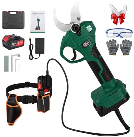 Forbici Potatura a Batteria 50mm con 21V 2x3000mAh Cavo di Prolunga SK7 | Professionali Cesoie Elettriche Leggere e Display LCD Taglio Progressivo per Ulivi Vigneto e Giardino