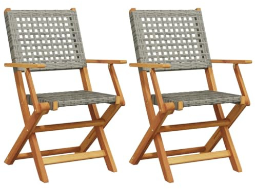 PTUGUOF Gartenstühle 2 STK. Grau Massivholz Akazie und Poly Rattan Klappstühle für Garten Terrasse Balkon mit Armlehnen