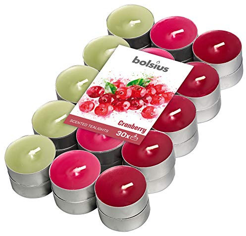 BOLSIUS Stimmungen und echte Teelichter – Cranberry Duft – Mehrfarbig – 4 Stunden – Packung mit 30 Stück, Wachs Baumwolldocht, Pieces