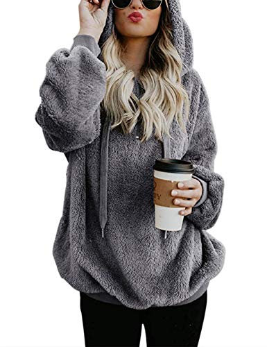 iWoo Hoodie Pullover Kuschelpullover Damen Winter Herbst Casual Kapuzenpullover Reißverschluss Teddy Jacken für Damen(Dunkelgrau,XL)