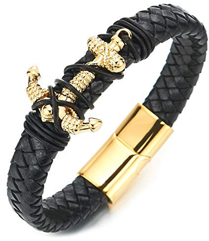 COOLSTEELANDBEYOND Homme Femme Or Acier Nautique Marin Corde Ancre Bracelet - Noir Cuir TresséEnvelopper Bracelet