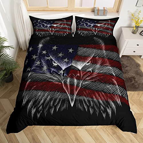 Homewish Bettwäscheset mit amerikanischer Flagge und dunklem Adlermotiv, schwarz, Bettbezug für Kinder und Jugendliche, weicher Bettbezug (1 Bettbezug + 2 Kissenbezüge), volle Größe
