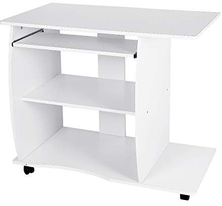 Vendeur pro Bureau Informatique avec Tablette Coulissante pour Clavier - Bureau avec 2 Étagère et 4 roulettes