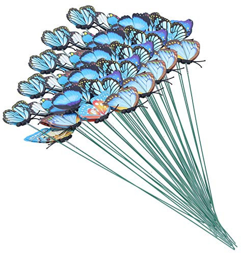 Lot de 50 Piquets De Jardin, Papillon Decoration, Deco Jardin Couleur Bleue Décoration De Jardin Simulation De Papillons De Fête pour Enfants pour Pots De Fleurs