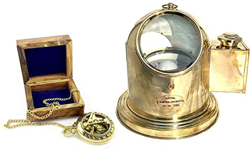 Desktop Brass Gimbals Oil Lamp Binnacle Compass Decor Gifts + Victorian Pocket Chain Brass Sundial Compass In Wooden Box For Father/Mother