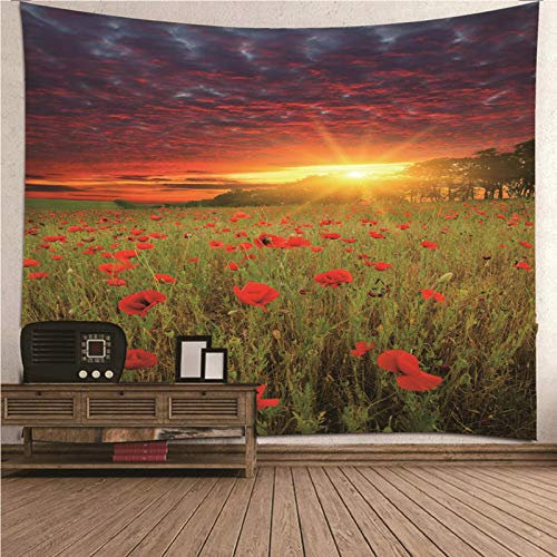 Banemi Vintage Teppich, Halloween Wandteppich Rot Orange Sonnenuntergang und Blumenfeld Polyester Gobelin für Wohnzimmer Schlafzimmer 240x220CM