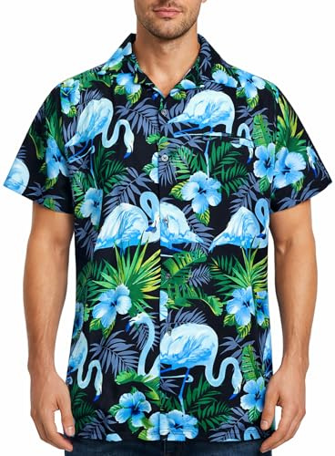 King Kameha Hawaii Hemd Männer - Tropisches Hawaiihemd Herren Kurzarm mit Flamingo-Print & Fronttasche, Ideal für Urlaub, Festival & Strand