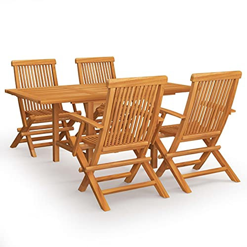 Gecheer 5-TLG. Garten Essgruppe Esstischset Esszimmergarnitur Gartengarnitur Sitzgruppe Gartenset Ausziehbar Gartentisch & Klappstühle Massivholz Teak