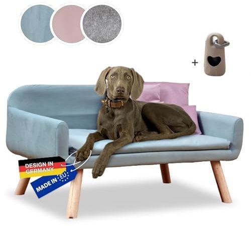 Rohrschneider Hundesofa Chicago | abwaschbares Hundebett für kleine bis mittelgroße Hunde | Vollholzbeine | Stoff: 40.000 Scheuertouren | Made in EU | blau | B 103 x T 57 x H 50 cm | inkl. Gassibeutel