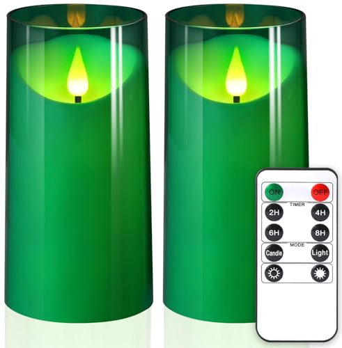 NURADA 3x6Flickering Flameless Candles: 3D Wick Acrylic Battery Operated LED Pillar Candles with Remote and Timer for St. Patrick's Day Home Holiday Forest Christmas Party Table Decor - Green
