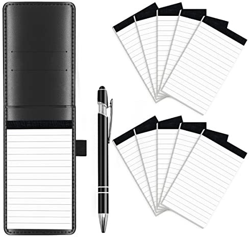 Mini Notizblock Halter Set A7 12 Stück, Kleiner Leder Notizblock Halter mit Ersatz Notizblöcke Liniert 10 Stück, Mini Notizblockhalter Set und einem Metallstift Multifunktionaler Klein Notizblöcke Set
