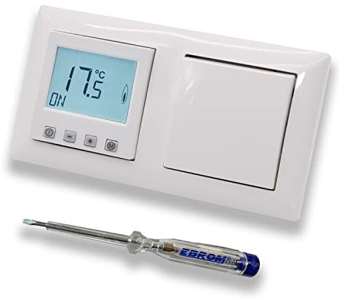 Halmburger Raumthermostat Raumtemperaturregler ERD-55rg DIGITAL in Busch Jäger Balance SI alpinweiß mit Lichtschalter 2000/6 US + EBROM Phasenprüfer zur Montage der Geräte ERD-55 (rg) Fußbodenheizung