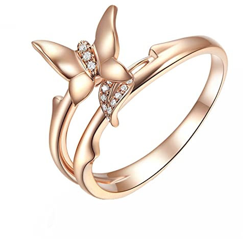 Dsnyu 18K Rosegold Ring, 0.03ct Diamant Trauringe, Rosegold Partnerringe Schmetterling Verlobungsring Partyschmuck Größe 56 (17.8)