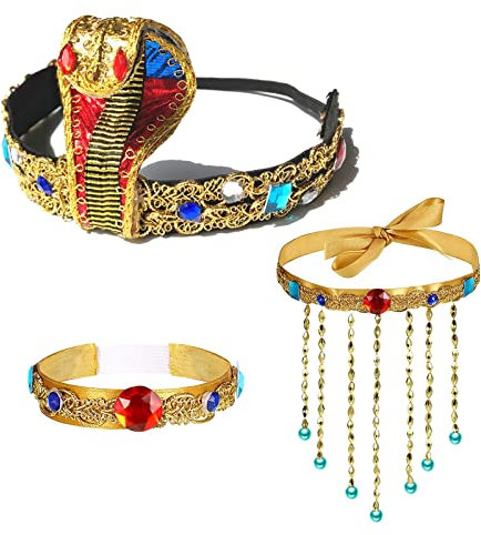 MIVAIUN 3 Stück Ägyptisches Kostüm Zubehör Ägyptische Kobra Kopfbedeckung, Perlen Quaste Halskette, Medusa Halloween Schmuck, Königin, Kleopatra, Accessoire, Zubehör, Mottoparty (3 Stück)