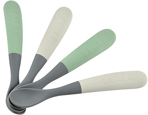 BÉABA, Juego de 4 Cucharas de Silicona Bebé/Niño Pequeño, 1ª Edad, A partir de 4 meses, Suave, Punta redondeada, Mango ergonómico largo, Fácil agarre, Silicona mate, No decolora, Sage/Mineral