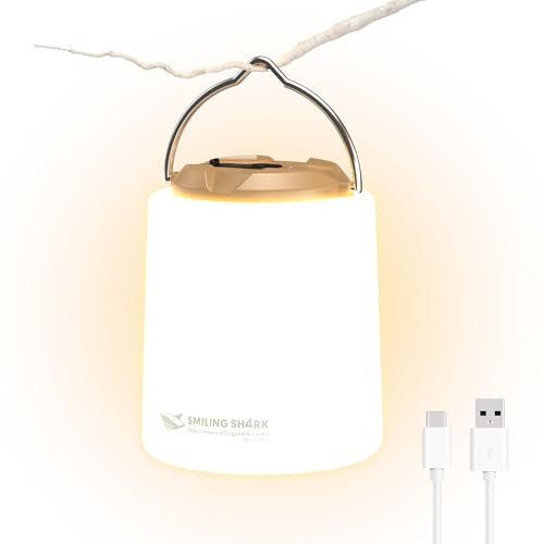 Smiling Shark Lanterna Campeggio, LED Camping Lampada Ricaricabile Mini & Portable Luce Calda Regolabile 3 Modalità di Luce Per Adulti Bambini Pesca Campeggio Emergenza, LED-Lanterna-Campeggio-Mini