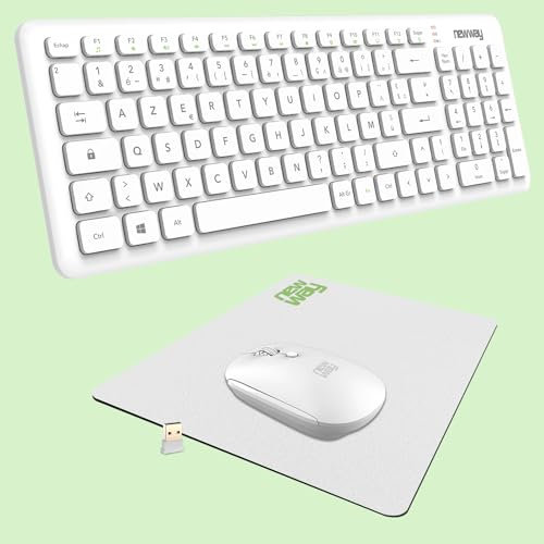 NEWWAY – Pack RF01 Clavier Souris sans Fil avec Tapis – Clavier Wireless Français (AZERTY) 97 Touches 13 Raccourcis Multimédias – Souris WiFi 2.4 GHz 4 Boutons Compacte – Récepteur USB - Blanc