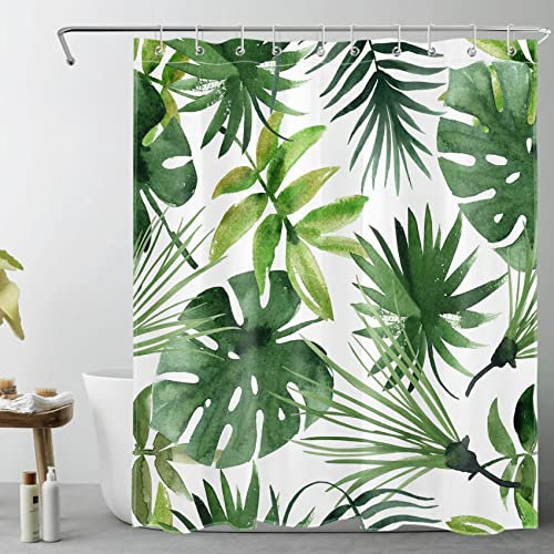 LB Palme Rideaux de Douche 150x180cm(LxH) Plante Verte Rideaux de Bain avec Crochets, Feuilles Tropicales Court Imperméable Polyester Anti Moule Salle de Bain Décor