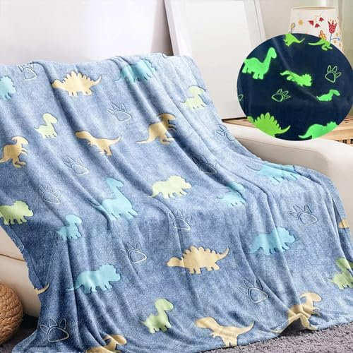 LXTOPN Kuscheldecke Kinder, Dinosaurier Decke Leuchtet im Dunkeln, Dinosaurier Decke, Flanell Wohndecke für Jungen und Mädchen(Blauer, 150×200cm)