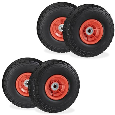 Relaxdays Ruota per Carriola 4.10/3.50-4, Set 4 Gomme Piene Antiforatura, Cerchi in Plastica, Fino a 150 kg, Nero Rosso