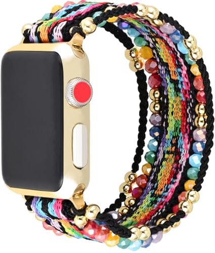 Retro Boho Braided Elastic Nylon Single-Loop Strap Compatible with Apple Watch 38mm 40mm 41mm, Bracelet Woven Bohemian Beaded for iWatch Series SE/Ultra/10/9/8/7/6/5/4/3/2/1 (38/40/41mm S, Multicolor)