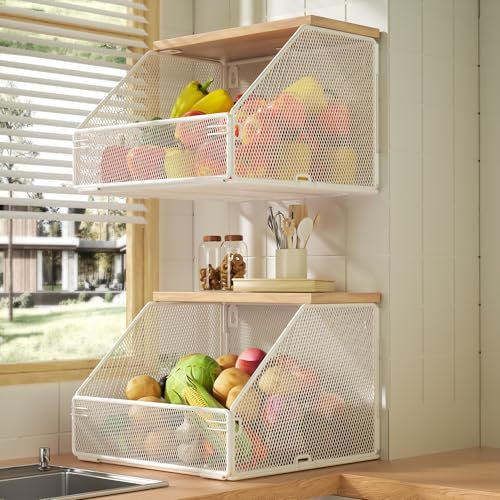 Stapelbarer Obstkorb für die Küche, platzsparend, wandmontierter Drahtkorb mit Holzdeckel, extra Stauraum, 2 Stück, Küchentheken-Organizer für Snacks, Zwiebeln und Kartoffeln, Weiß