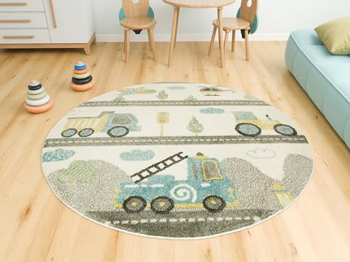 AKCILA Lima runden Bagger, Straße Kinder Teppich 160 cm, Kinderzimmer Kurzflor Teppiche, Kinderteppich Jungen, Kids Carpet, Spielteppich Kinder Babyzimmer Tepich, Wohnzimmer Teppich