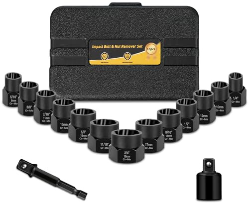 Zozoa 15tlg Cr-Mo Muttern Entferner Satz, Schraubenausdreher-Satz mit Hex-Adapter und Schlagadapter-Reduzierstück, Spiral-Profil-Steckschlüssel-Satz für beschädigte Schrauben