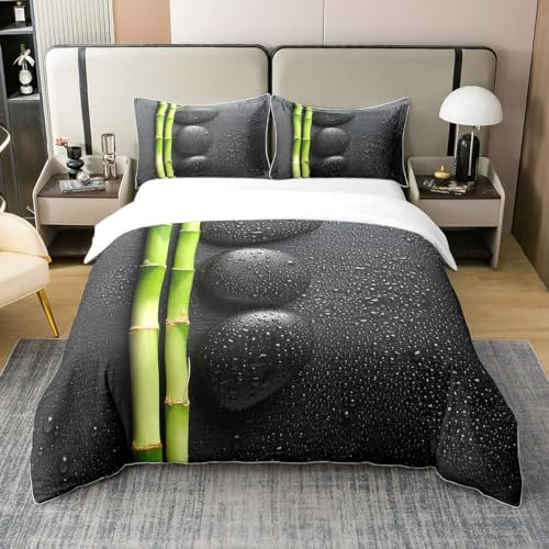 Loussiesd Zen Stones Bettwäsche Meditation Bambus Bettwäsche Set 135x200cm 100% Baumwolle Jungen Mädchen Teens Tranquil Nature Artwork Bettbezug Set Breathable Zen Spiritual Schwarz Bettwäsche Set