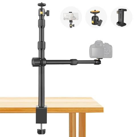 JEBUTU OS03 Kamera Tischstativ Overhead Stativ, 37.5-83cm verstellbar Kamera Tischhalterung mit Flexible Arm & 2 stücke 1/4 Kugelkopf für DSLR Kamera, Ringlicht, Live Streaming, Max. Belastung 3KG