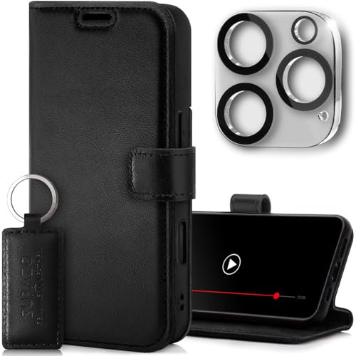 SURAZO Handyhülle für Apple iPhone 16 Pro Hülle Leder – Klappbar Echtleder Schutzhülle [mit Kartenfach, RFID Schutz, Standfunktion, Kameraschutz Glas] Flip Klapphülle Case Cover Lederhülle Schwarz