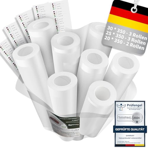 Qyrrvxy Vakuumierbeutel - 8 Rollen, Reißfeste Vakuumierfolie 30/25/20 * 350 cm - 190µm, BPA-frei, Vakuumbeutel Lebensmittel für Alle Vakuumierer, Mikrowellen and Sous Vide