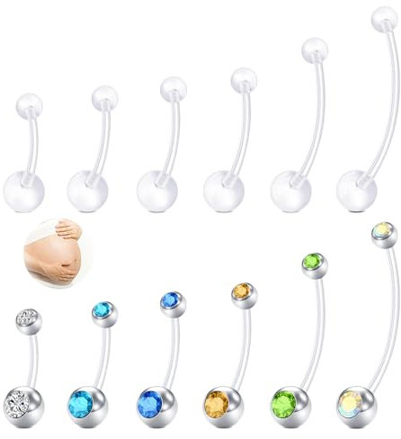 AVYRING 12stk Schwangerschafts Bauchnabelstecker 14G Silber Chirurgenstahl Kunststoff Maternity Bauchnabelstecker Hypoallergen Flexibel Lange Hängende Bauchnabelpiercings für Frauen 12mm-38mm