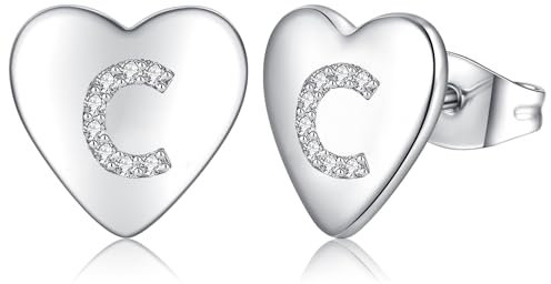 Ohrringe Silber 925 Ohrstecker Silber 925 für Damen Mädchen Kinder, Klein Herz Ohrringe Silber Buchstaben Ohrstecker mit Zirkonia, Schlafen Knorpel Ohrstecker 10mm (silber-C)