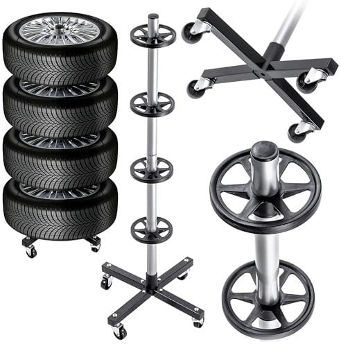 KADAX Soporte para 4 neumáticos de coche con llantas, árbol de llantas con ruedas para garaje, estante de neumáticos que ahorra espacio, árbol de neumáticos para neumáticos, accesorios de garaje