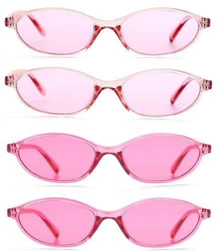 FSMILING 4 Stück Retro Ovale Sonnenbrille Damen Pinke Sonnenbrille Oval Trendy 90er Klein Schmal Katzenaugen Sunglasses Pink