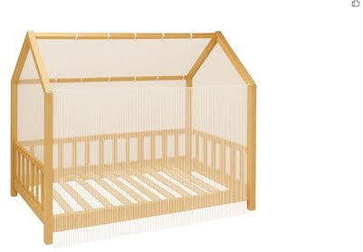 Moustiquaire Intégrale pour Lit Cabane 90x190 cm – Beige Clair – Ouverture Façade – Montage Ultra Simple.Attention Uniquement Compatible avec Cette Forme de Toit.