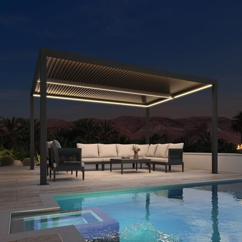 Pergola bioclimatique en aluminium 4,24 x 3 m avec bande lumineuse LED – Auvent de jardin imperméable avec lattes réglables pour terrasse et abri d'auto – Gris