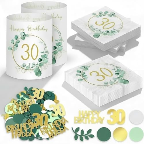 Tischdeko Geburtstag 30er -20 Stück Servietten 30. Geburtstag Deko +12 Stück Windlicht Tischdeko Geburtstag +100 Stück Eukalyptus Konfetti, Happy Birthday Party Deko Geburtstagsdeko Frauen Mann