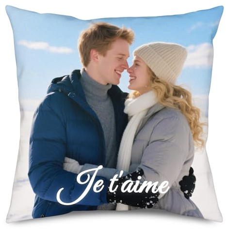 JONZIN Coussin Photo Personnalisé Double Face, Taie d'oreiller Texte Photo | Taie personnalisable recto verso, Insert en Option, Cadeaux personnalisés pour femme, homme, couple, anniversaire