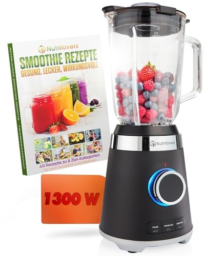 Nutrilovers Standmixer Glas NUTRI-BLENDER GLAS Edelstahl Standmixer mit Glasbehälter Hochleistung 1300W Hochleistungsmixer Smoothie-Maker, 1,75L, 4 Klingen, BPA-frei, Leise, Ice Crush